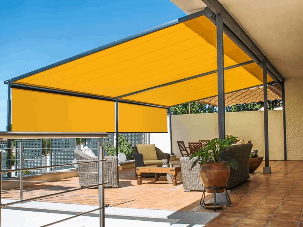 yellow rolled pergola roof on a balcony